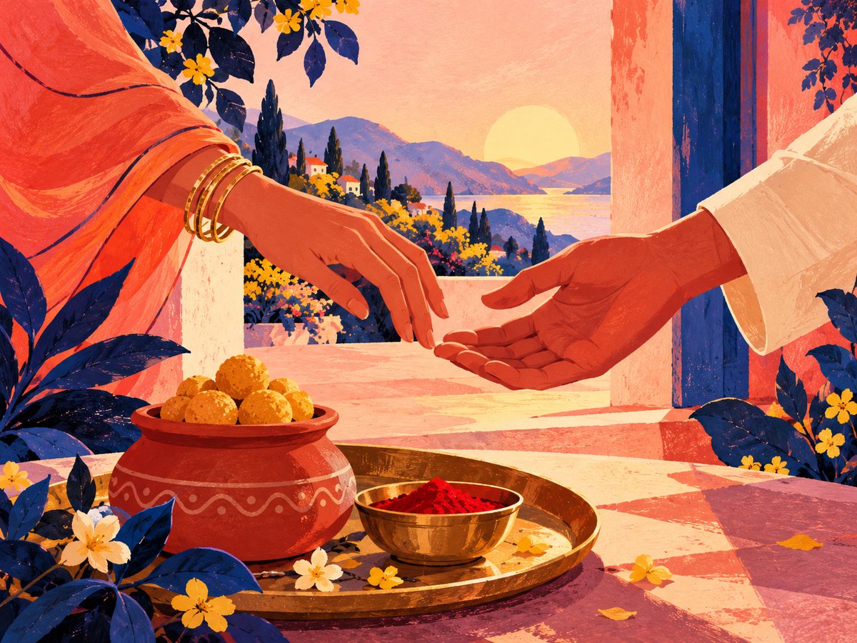 A brass tray of sweets and vermilion at a doorway