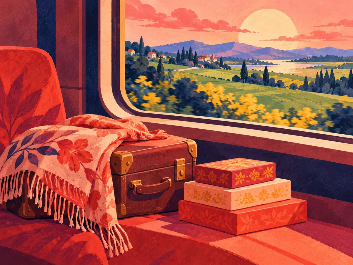 A suitcase and sweet boxes by a train window