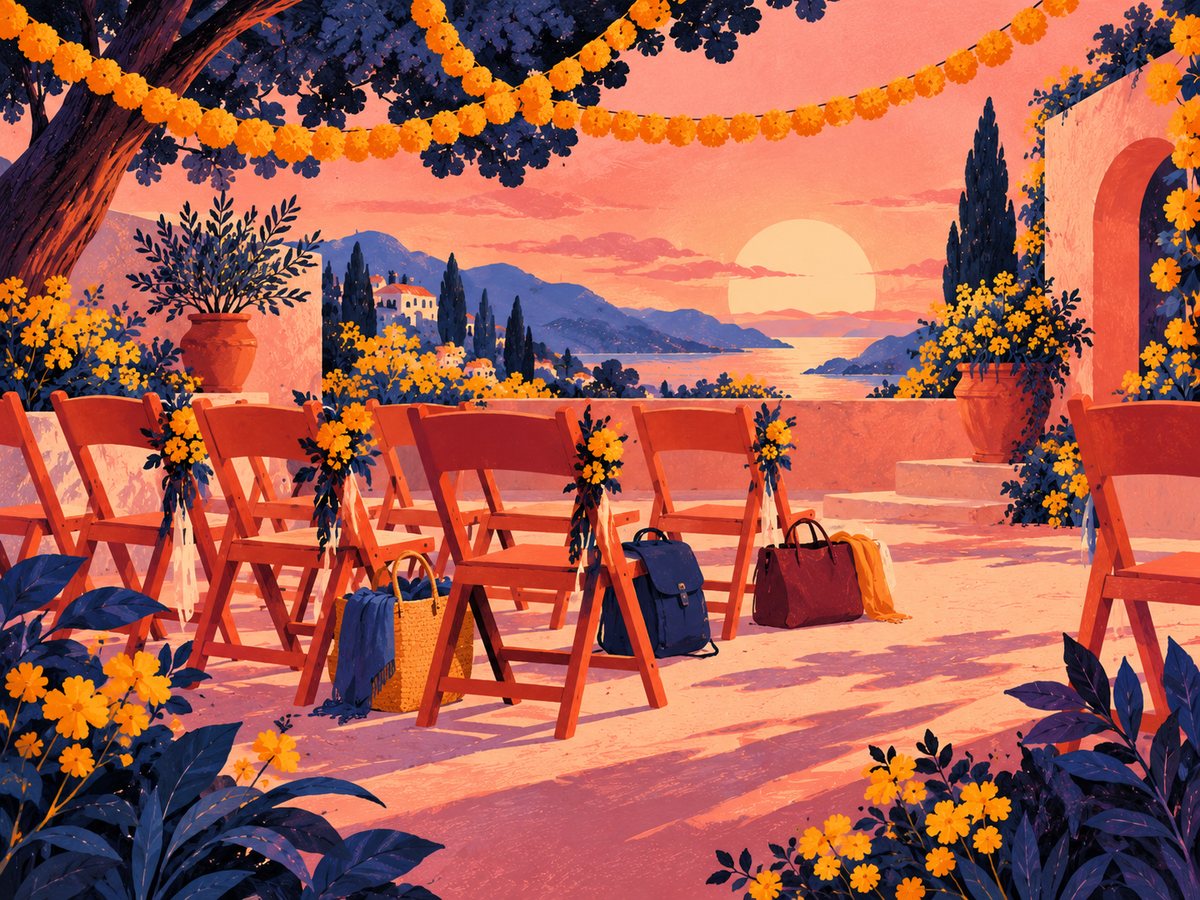 Folding chairs in a courtyard under marigold garlands