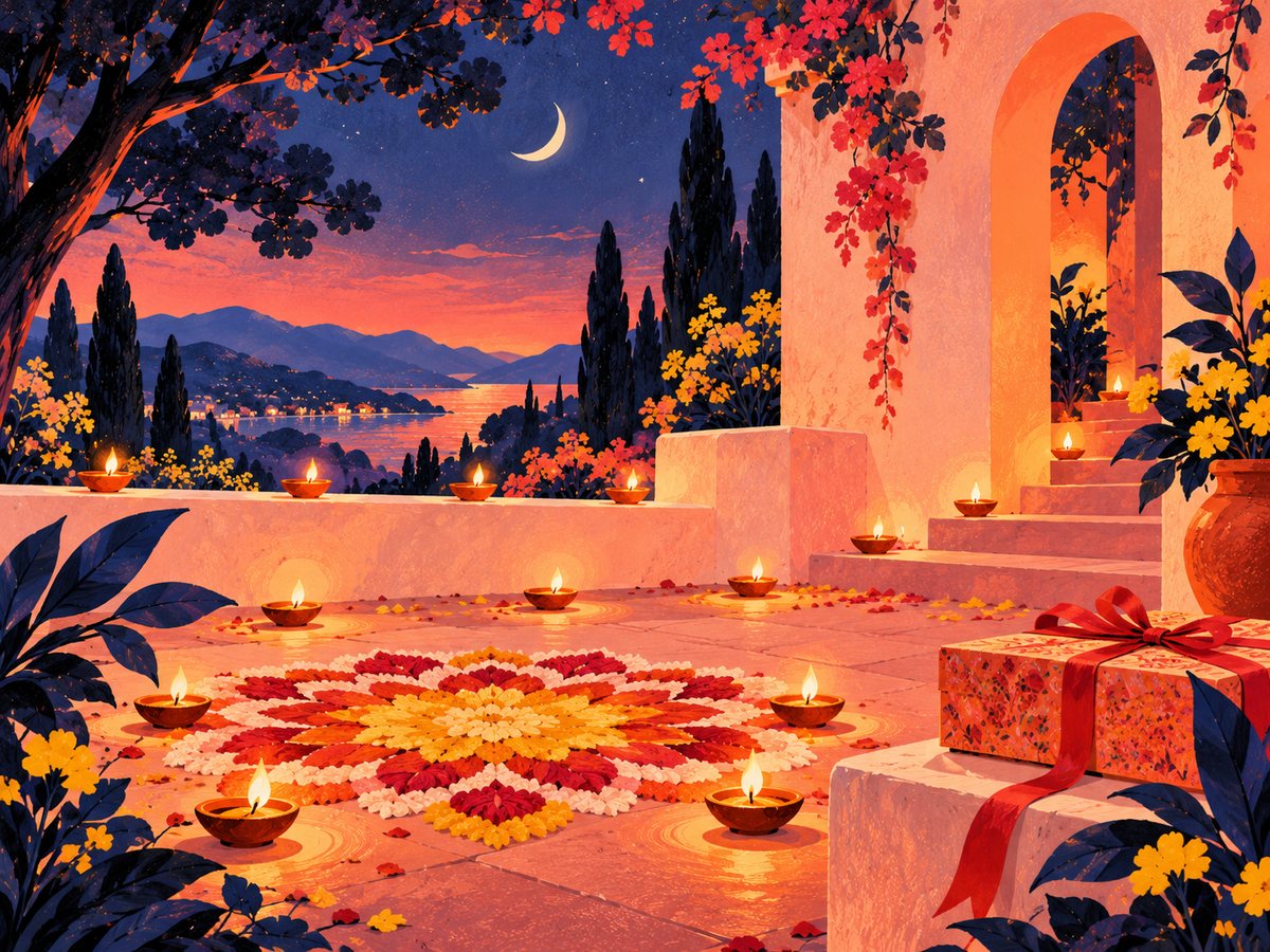 A night courtyard with diyas and a petal rangoli
