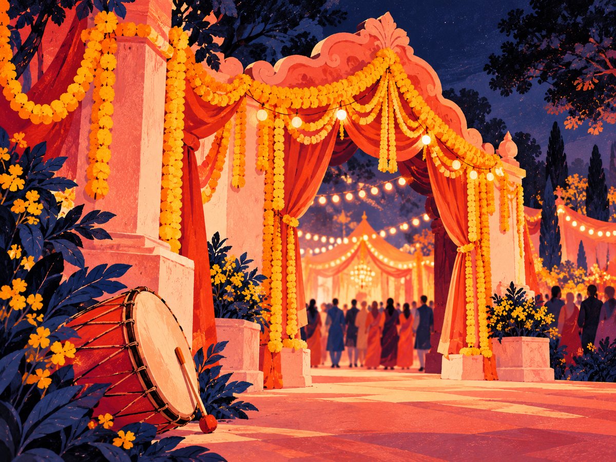 An ornate pandal entrance at night with marigold garlands