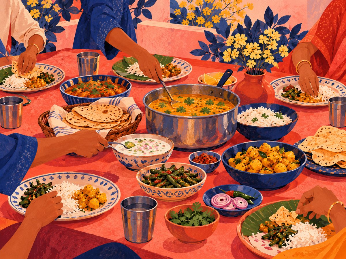 A long kitchen table set for many people