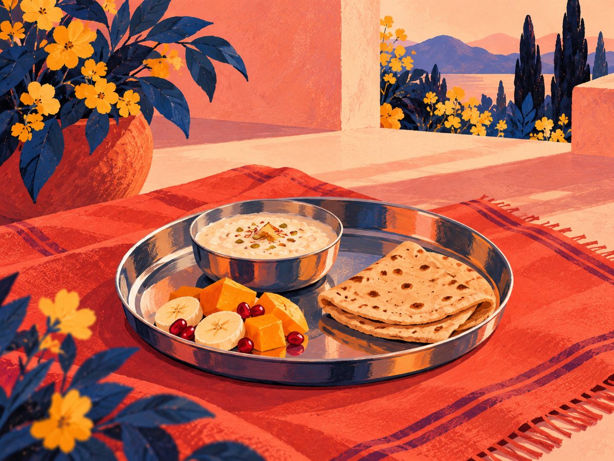A thali of fruit, kheer and flatbread on a cloth