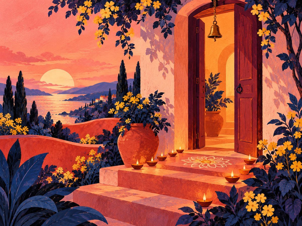 A doorway at dusk lit by clay lamps