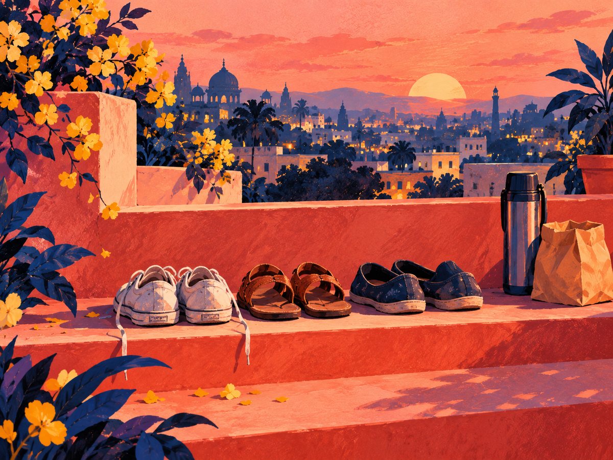 Worn shoes and a thermos on a rooftop at dusk