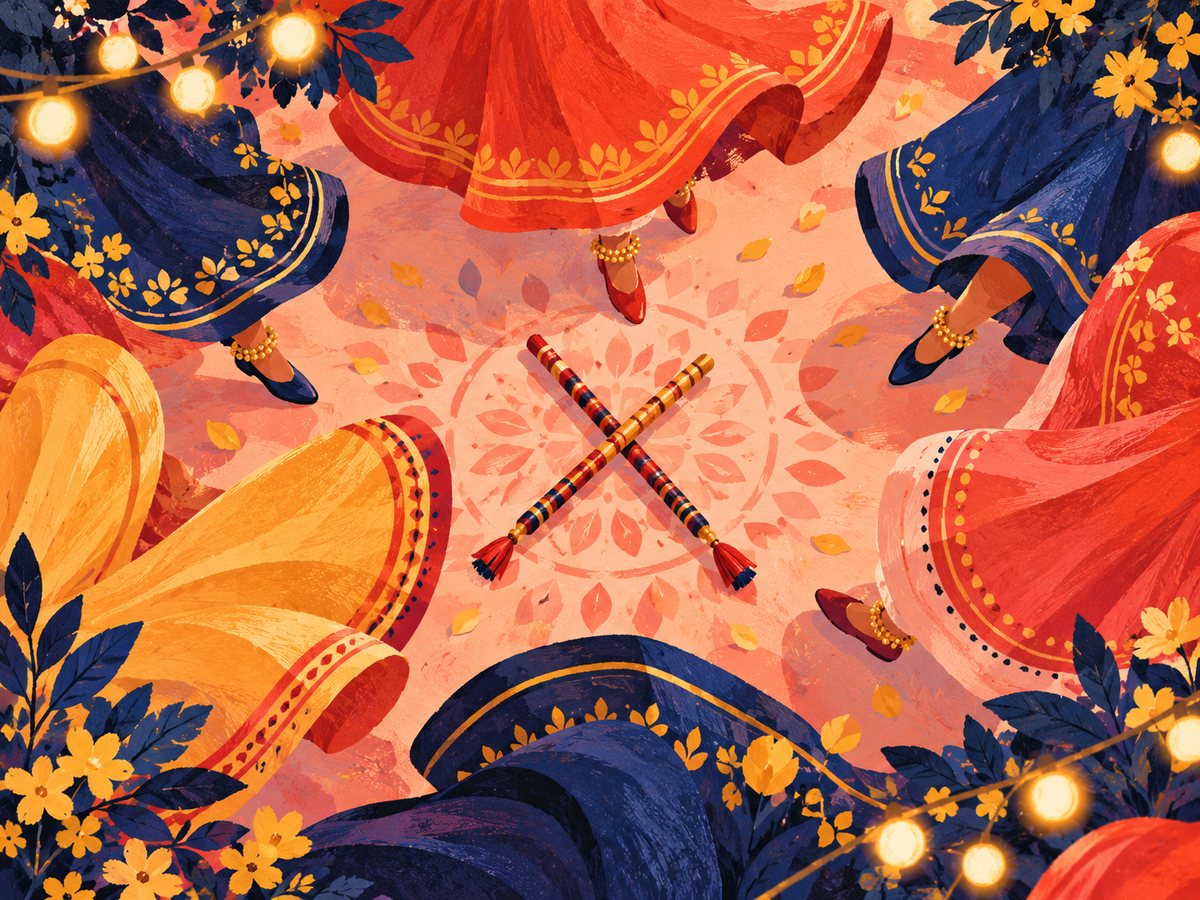 Swirling skirts and dandiya sticks seen from above