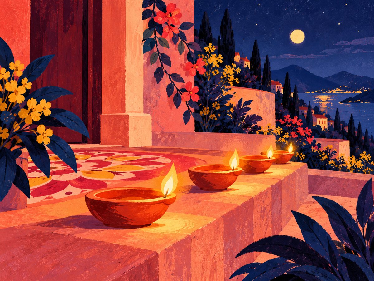 Close view of clay diyas on a stone step at night