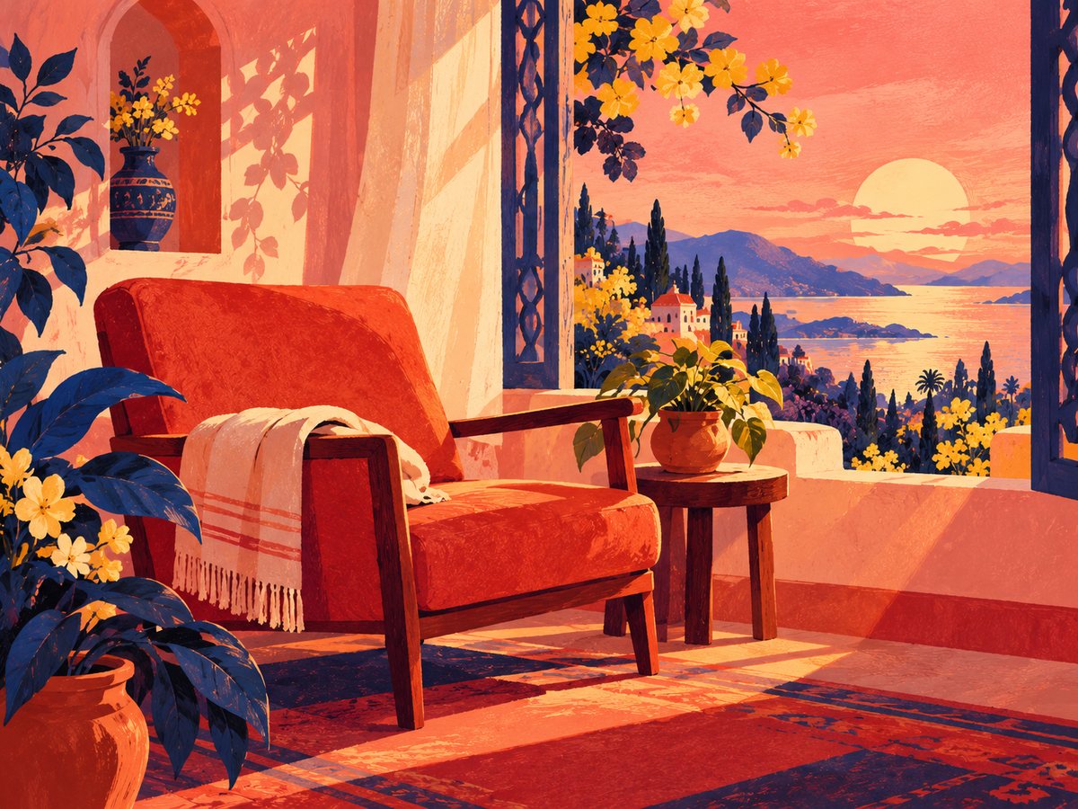 An empty armchair beside a window in soft light