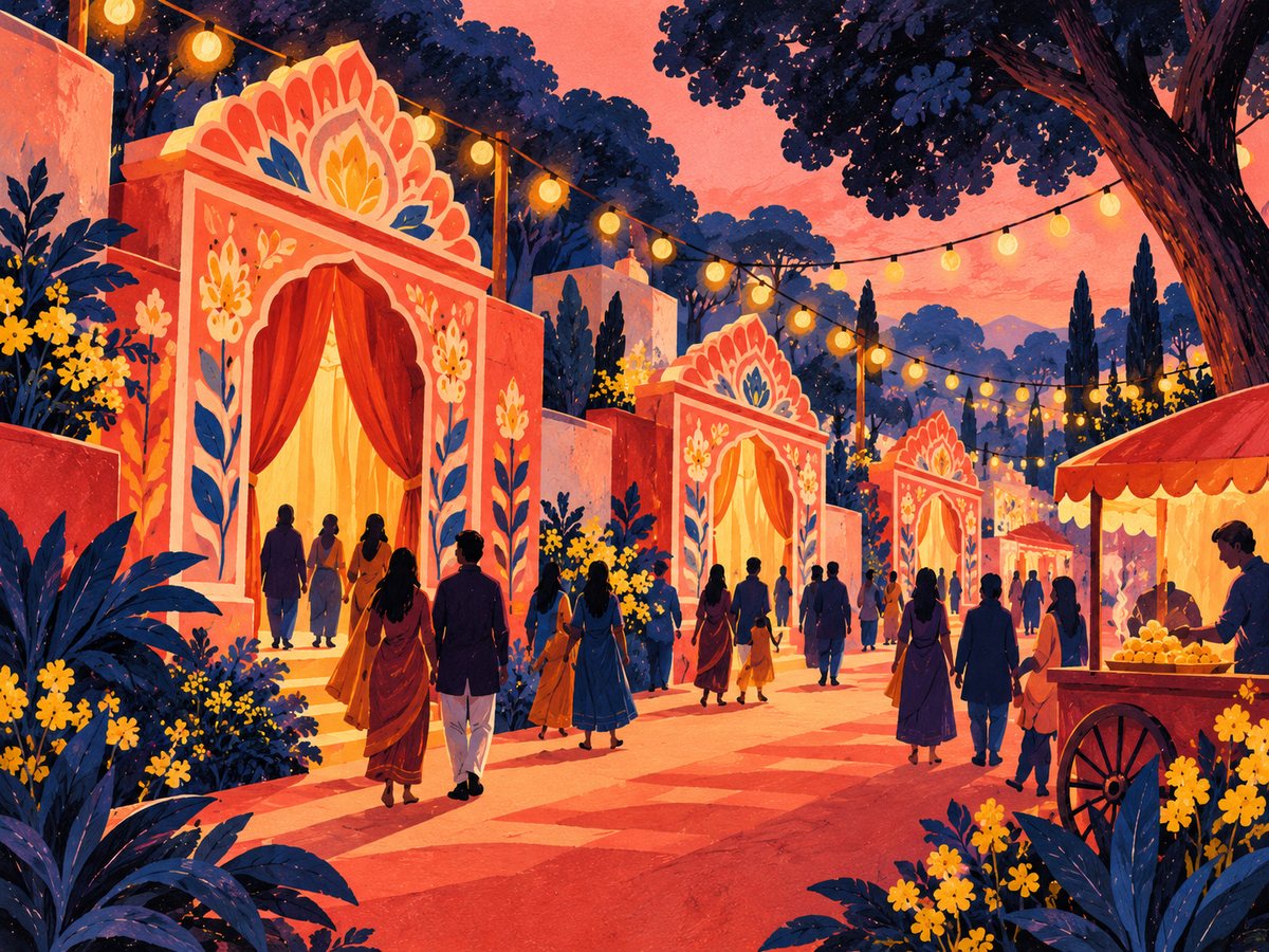 A lane of lit pandal gateways with people walking