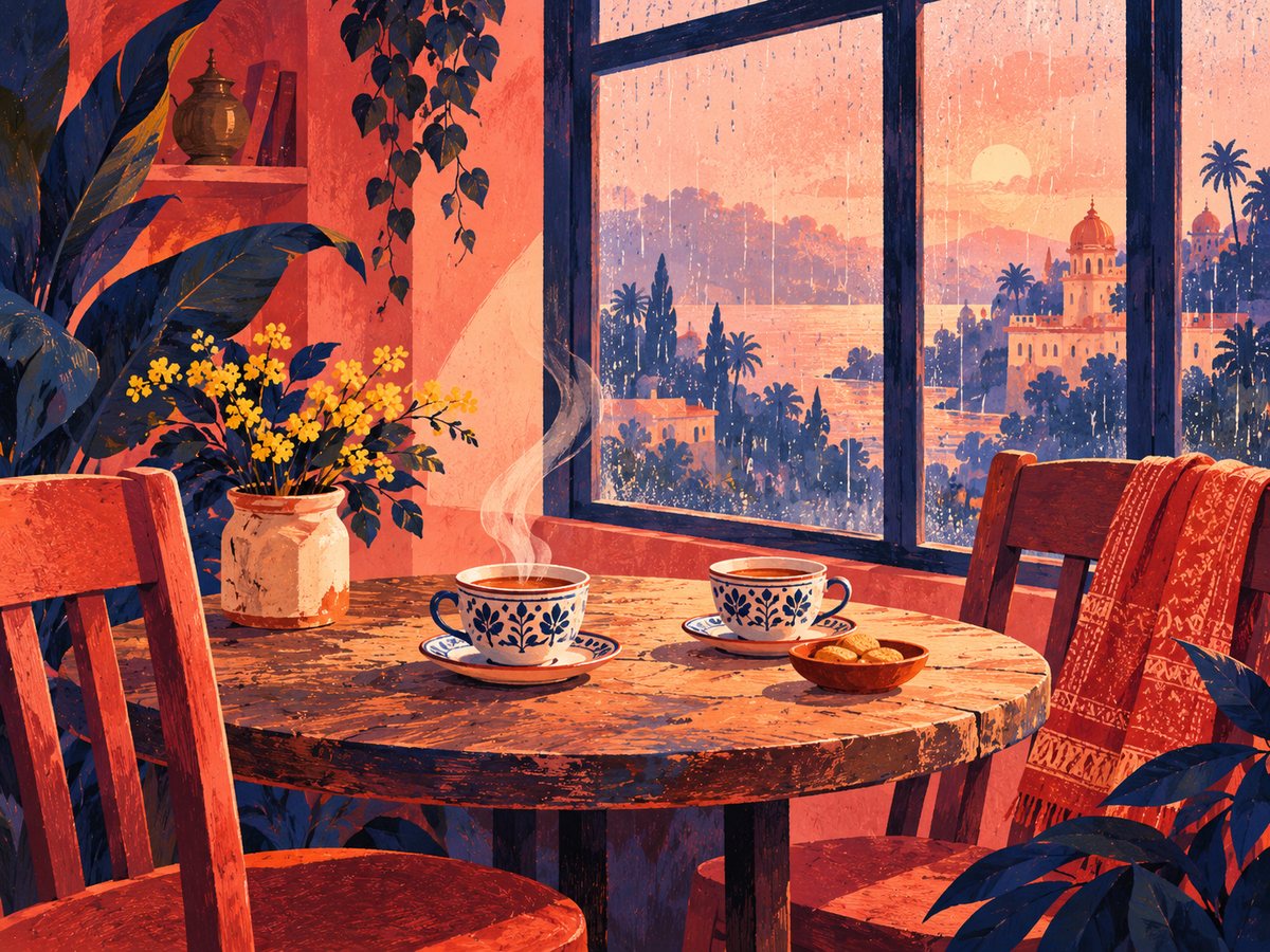 Two teacups on a table by a rainy window