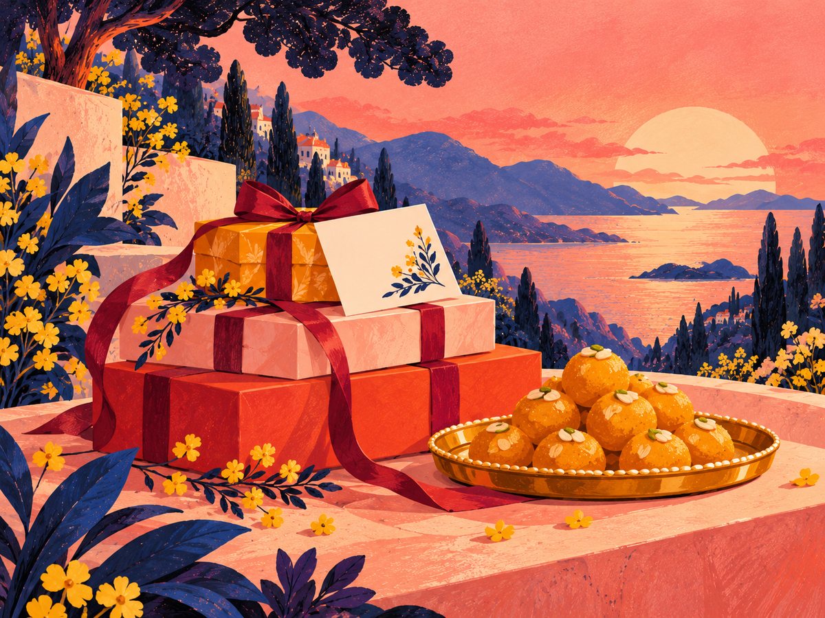 Gift boxes and a tray of golden sweets